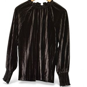 CABLE & GAUGE WOMEN BLACK LONG SLEEVE MOCK NECK VELOUR VELVET BLOUSE